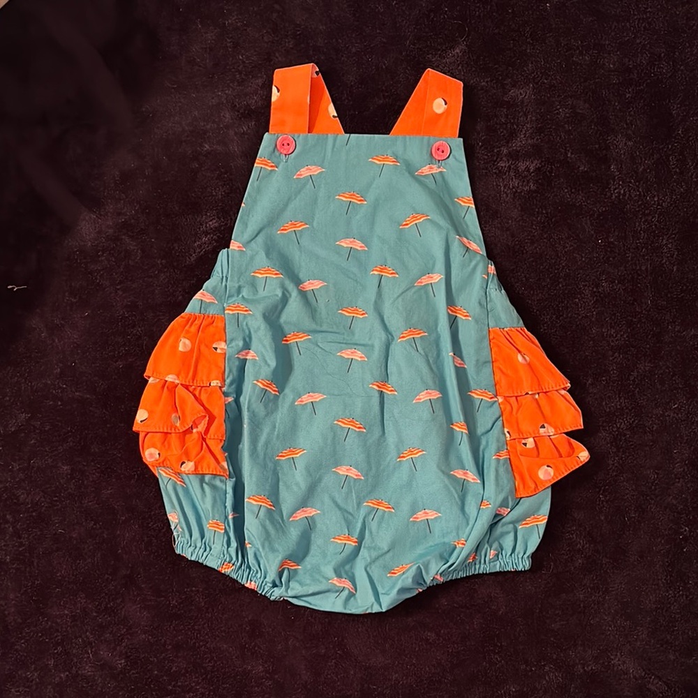 RicRac & Ruffles Teal and Orange 3T Bubble with Umbrella Print